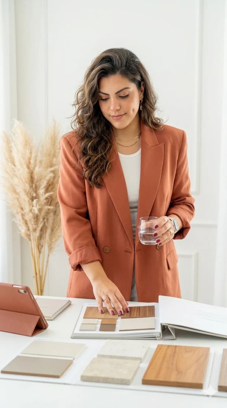 Arquiteta analisando amostras de revestimentos e madeiras sobre a mesa de trabalho