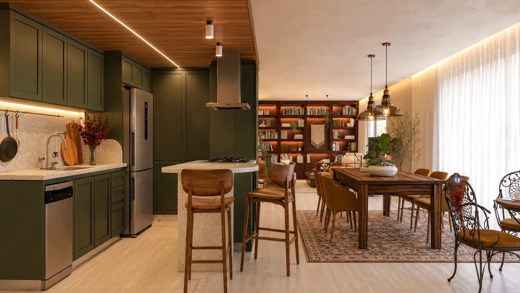 Cozinha verde integrada ao jantar, com estante de livros e teto ripado de madeira