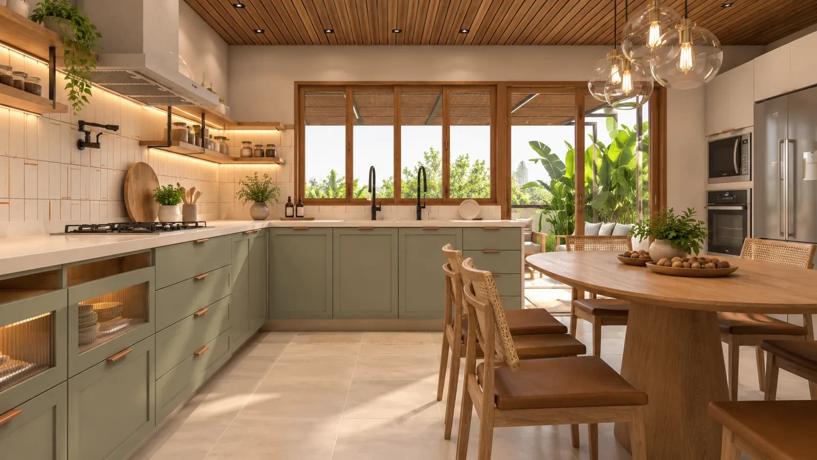 Cozinha verde com mesa de madeira e janela para o verde
