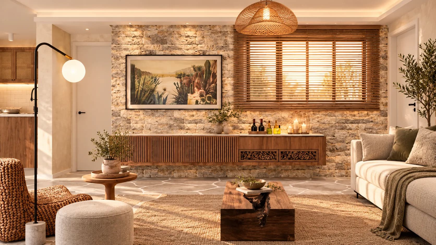 Estar com parede de pedra, bar de madeira com adega e quadro emoldurado