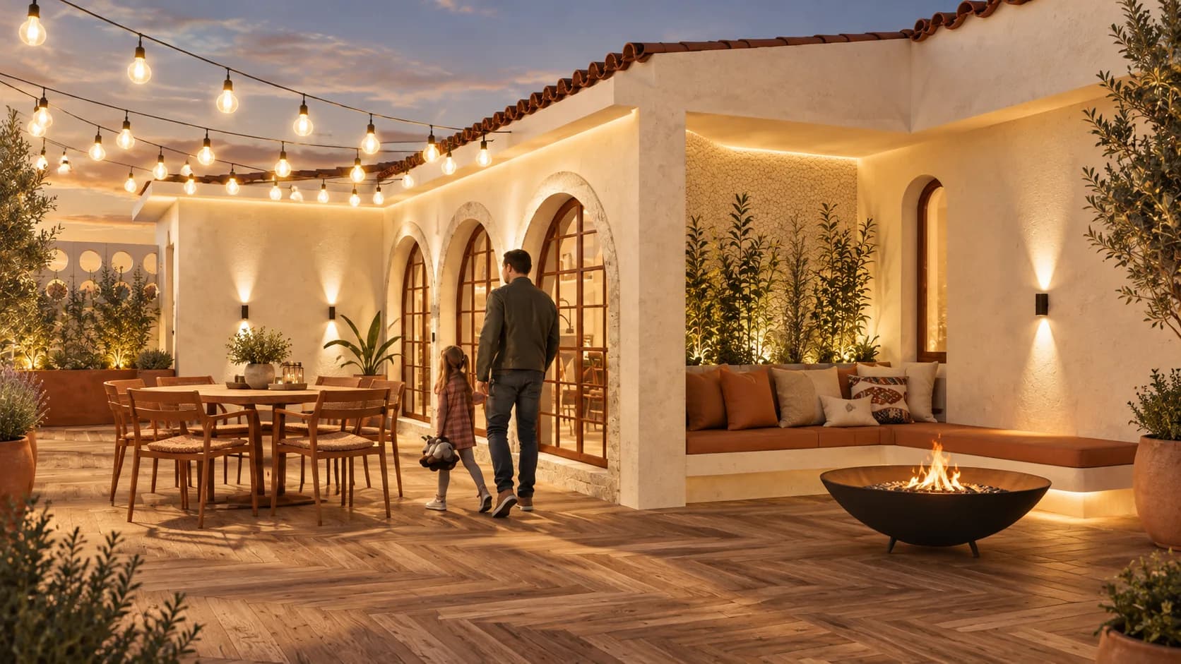 Terraço com arcos, varal de luzes, lareira baixa e banco de alvenaria
