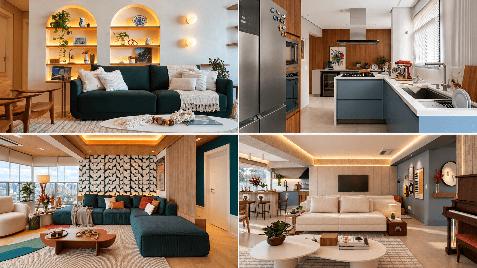 Montagem com quatro ambientes de apartamentos reformados pela Studio Side