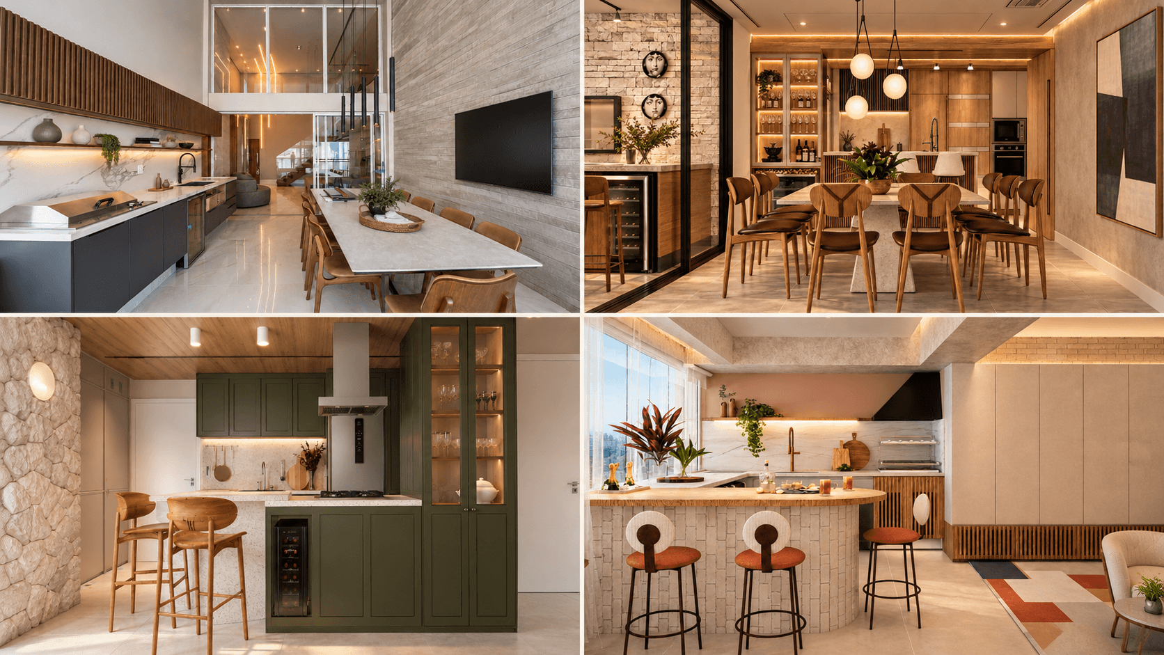 Montagem com quatro ambientes de um apartamento reformado: cozinha integrada à sala, sala de jantar, cozinha com marcenaria verde e bancada com banquetas