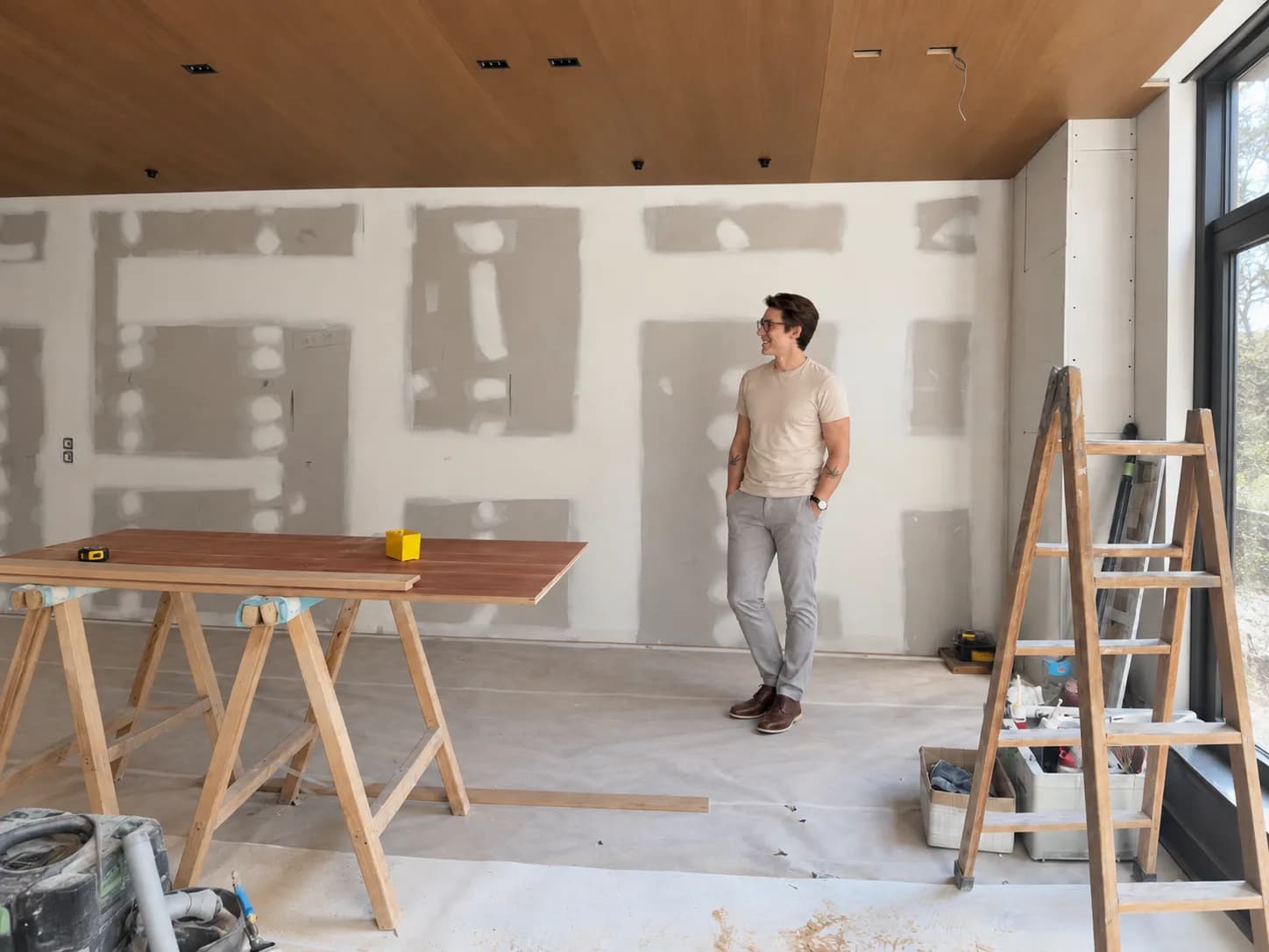 Apartamento em obra, com paredes de drywall, cavaletes e escada, e um homem observando o ambiente
