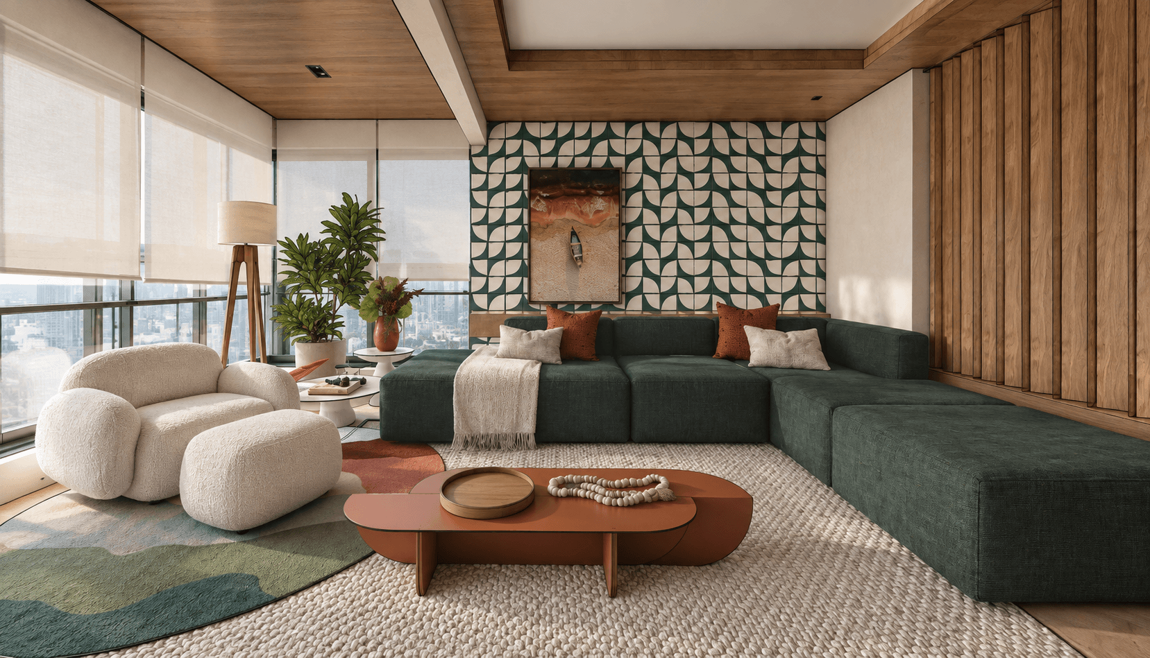 Render da sala de estar: sofá modular verde em L diante de uma parede de ladrilhos geométricos verdes e brancos, poltrona branca, mesa de centro terracota e forro de madeira