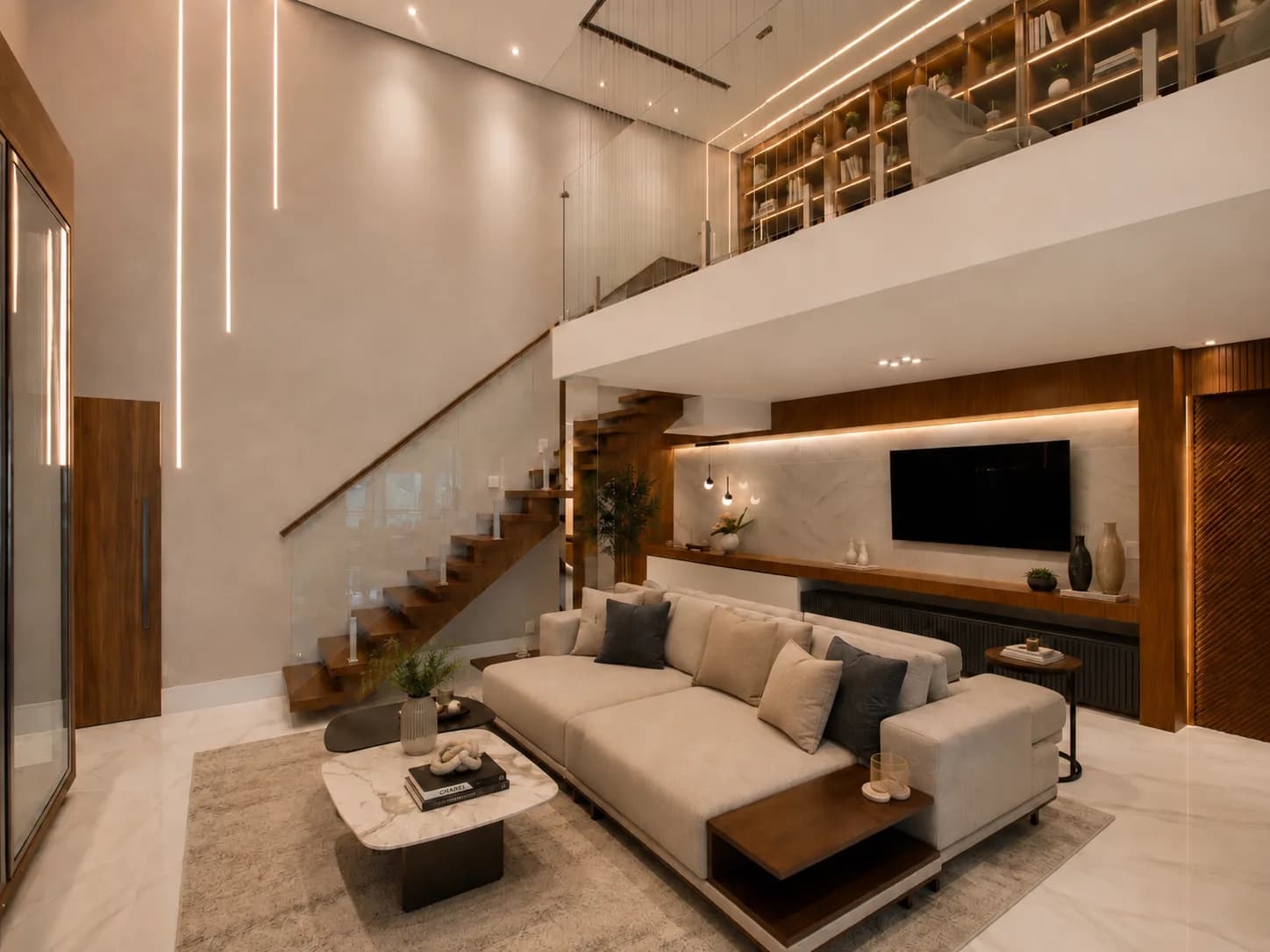 Sala de estar com sofá claro em L sob o pé-direito duplo, com escada e estante de madeira ao fundo