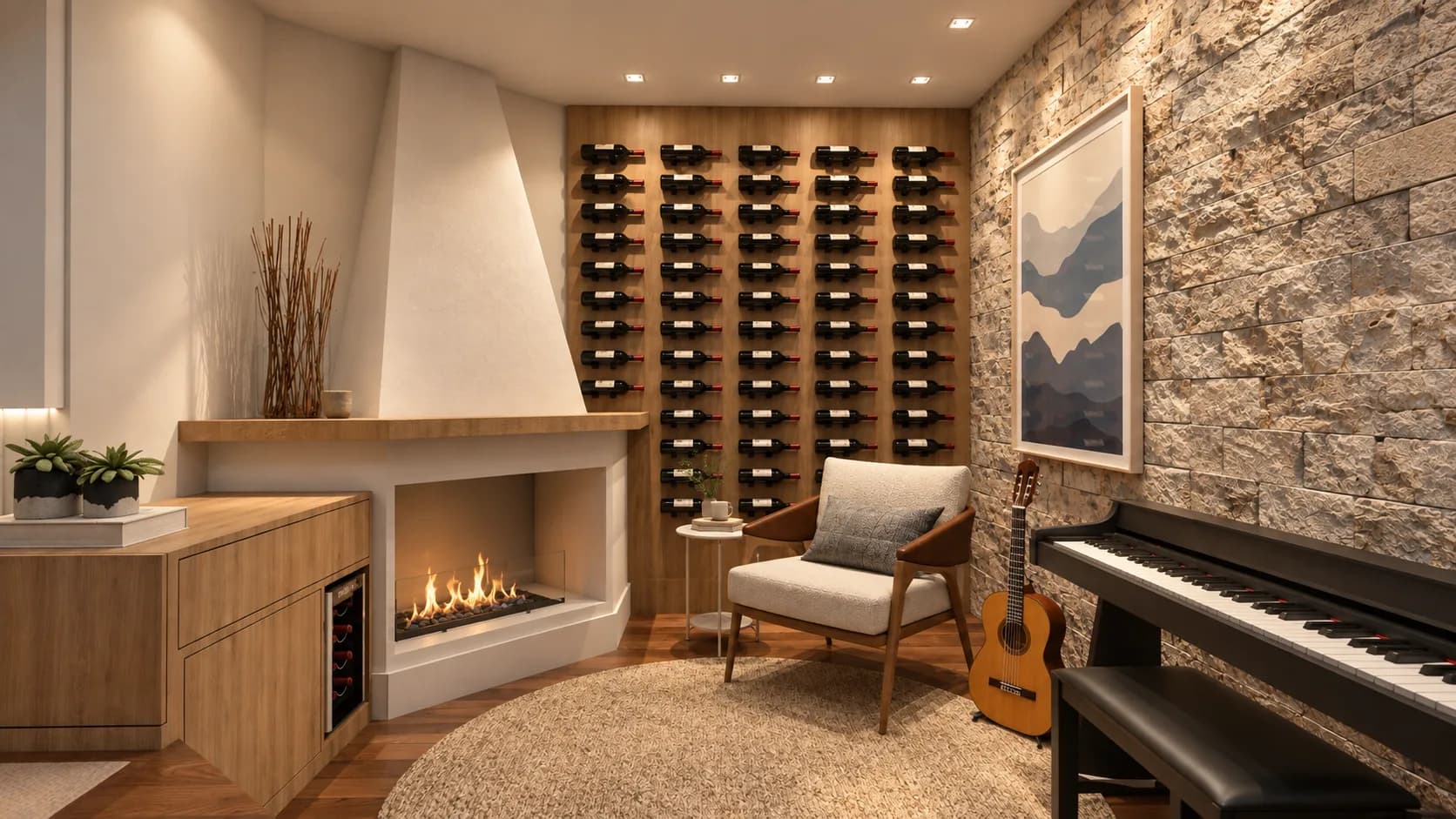 Canto de estar com lareira, parede de pedra, adega de vinhos, poltrona e piano