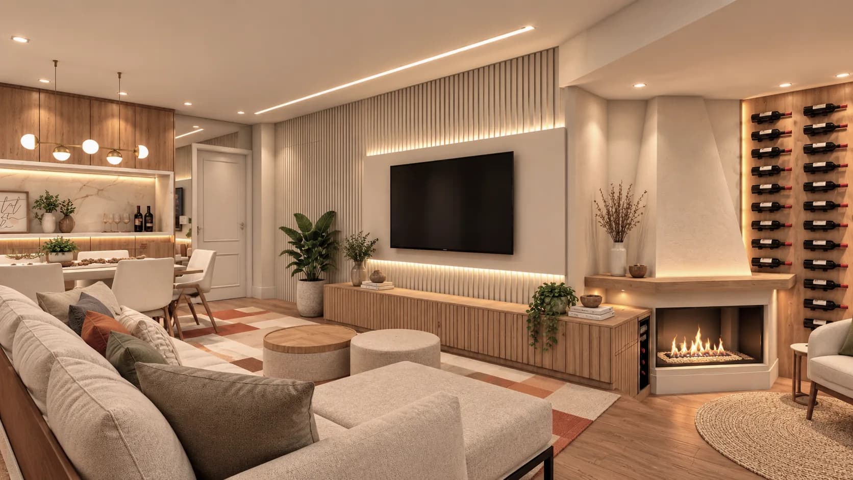 Sala de estar com sofá claro, painel de TV, lareira e adega de vinhos embutida na parede