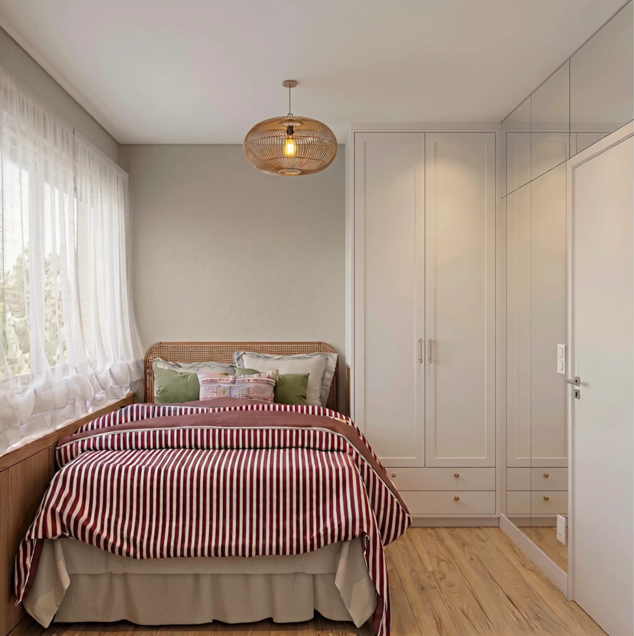 Quarto com cama de casal, cabeceira de palhinha, colcha listrada e armário branco planejado