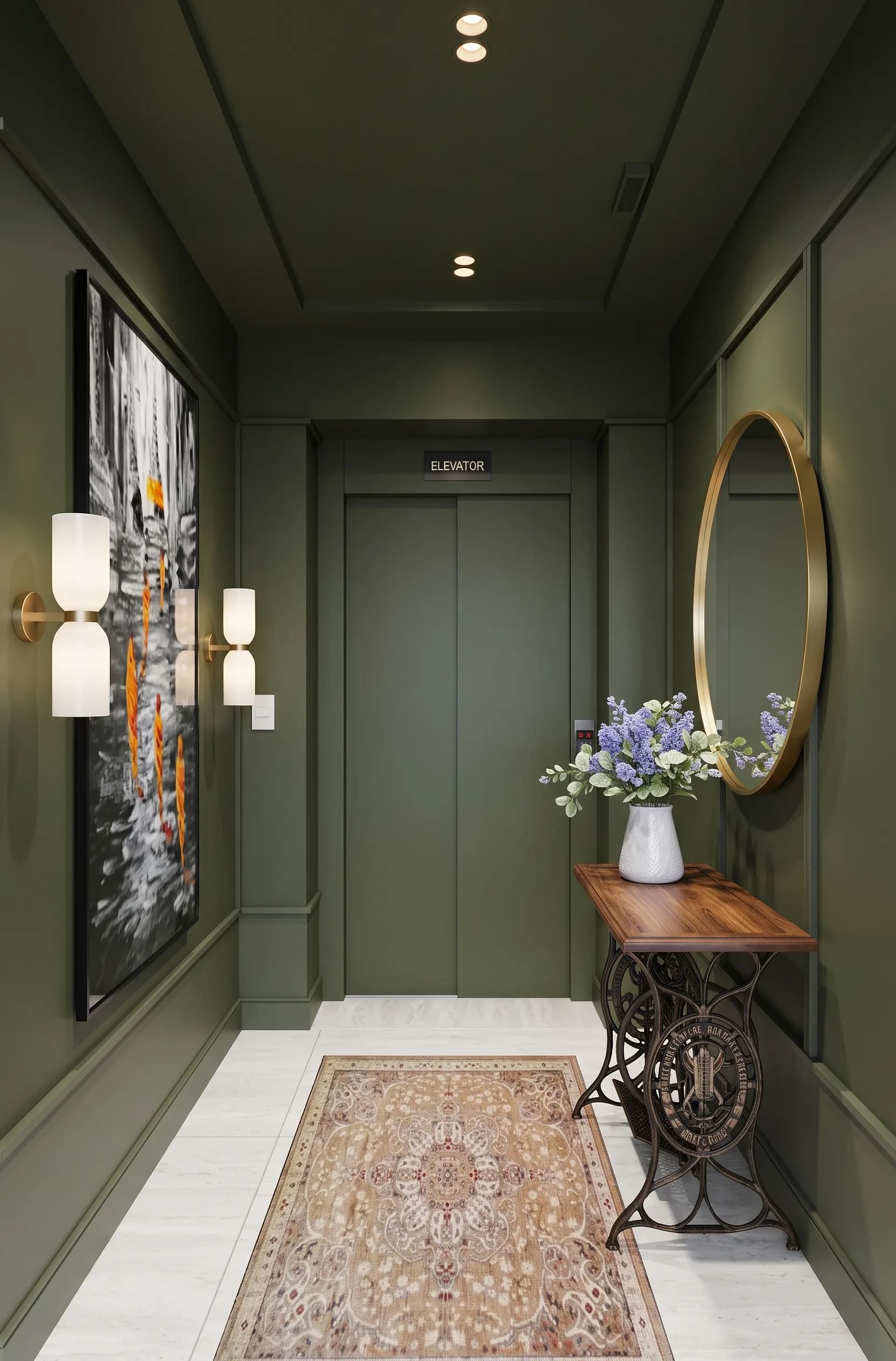 Hall de entrada com marcenaria verde, espelho redondo dourado e aparador antigo
