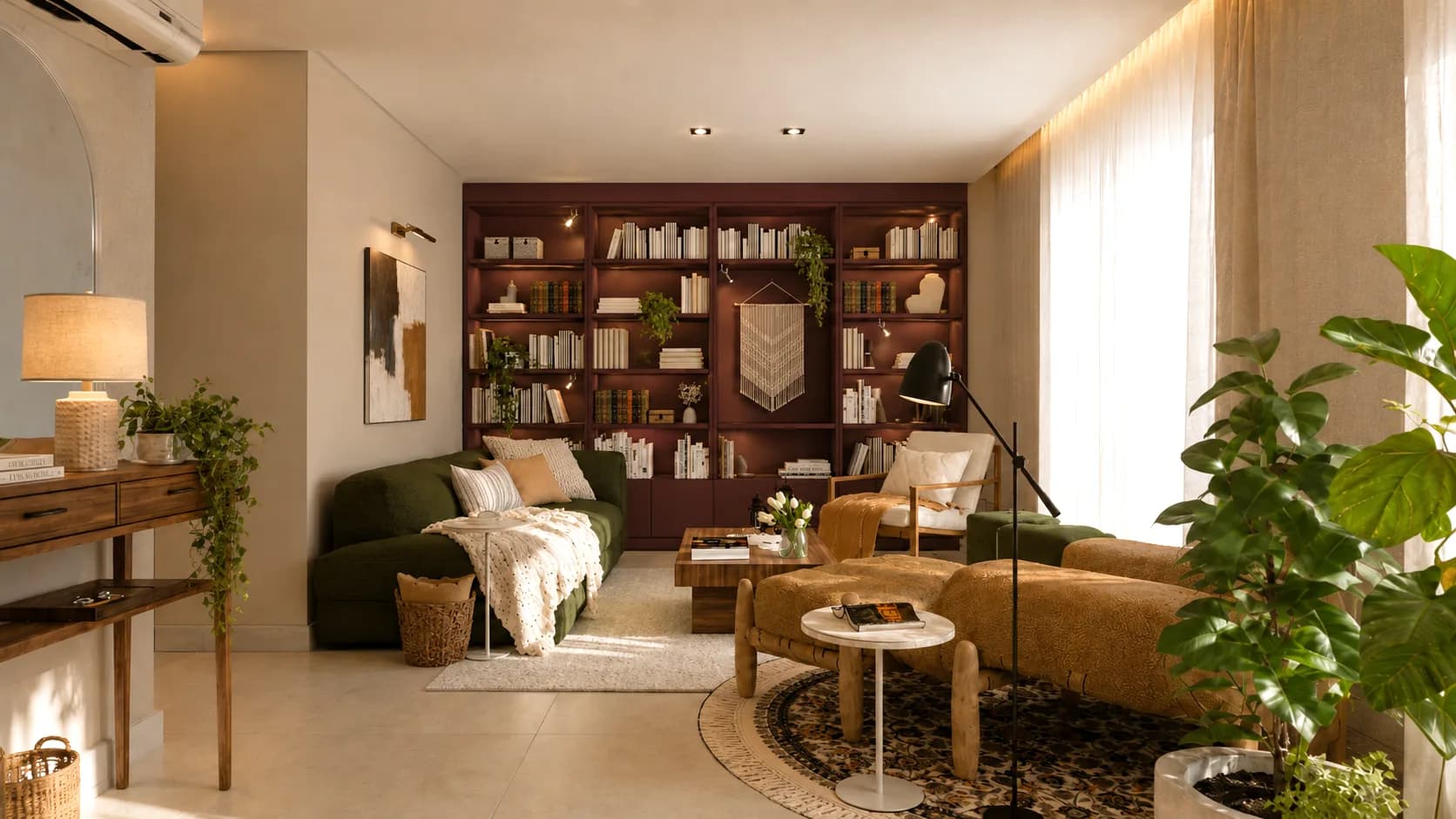 Sala de estar com sofá verde, estante vermelha de livros e plantas junto à janela