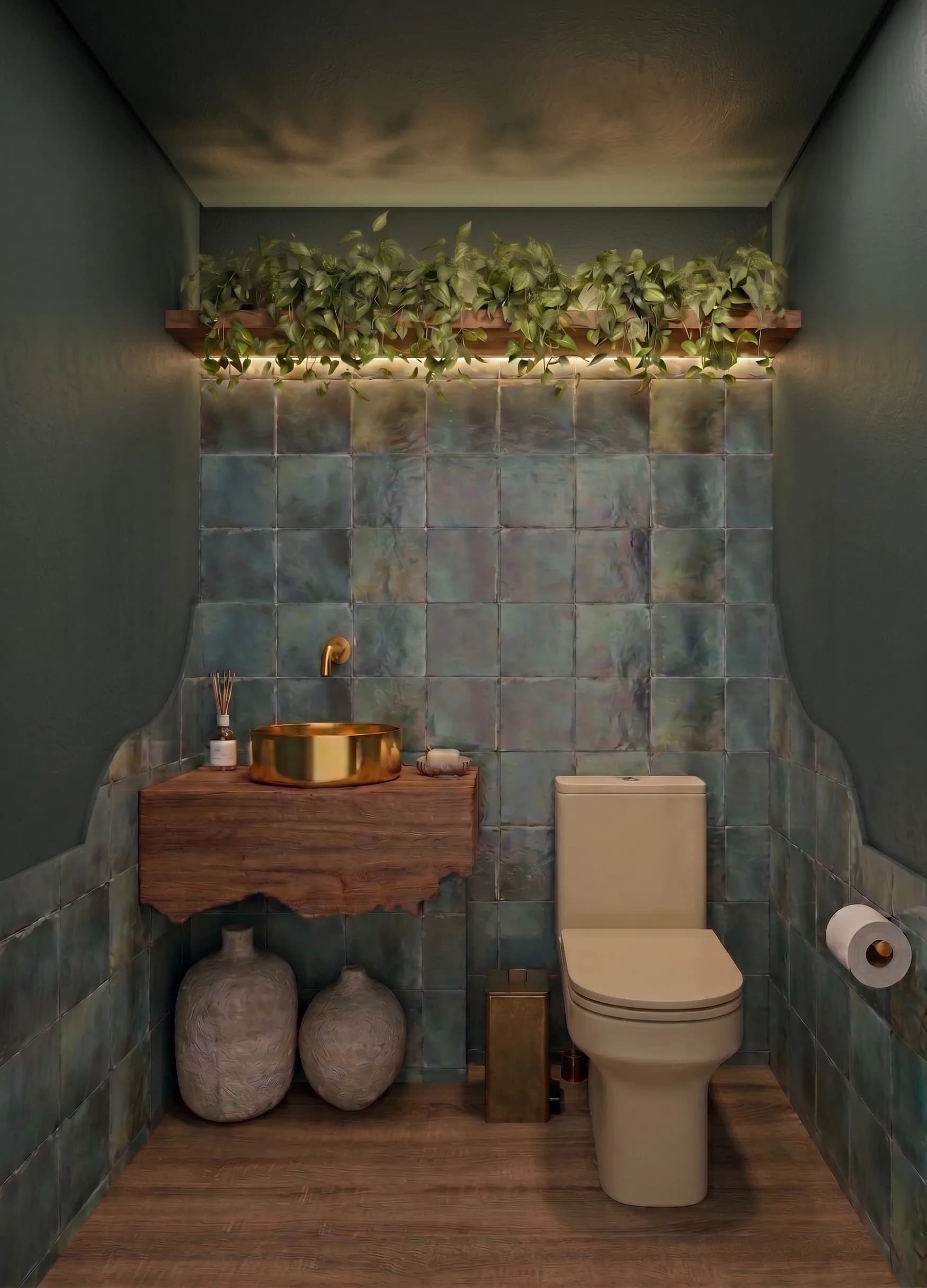 Lavabo com azulejo verde, bancada de madeira maciça e prateleira de plantas iluminada