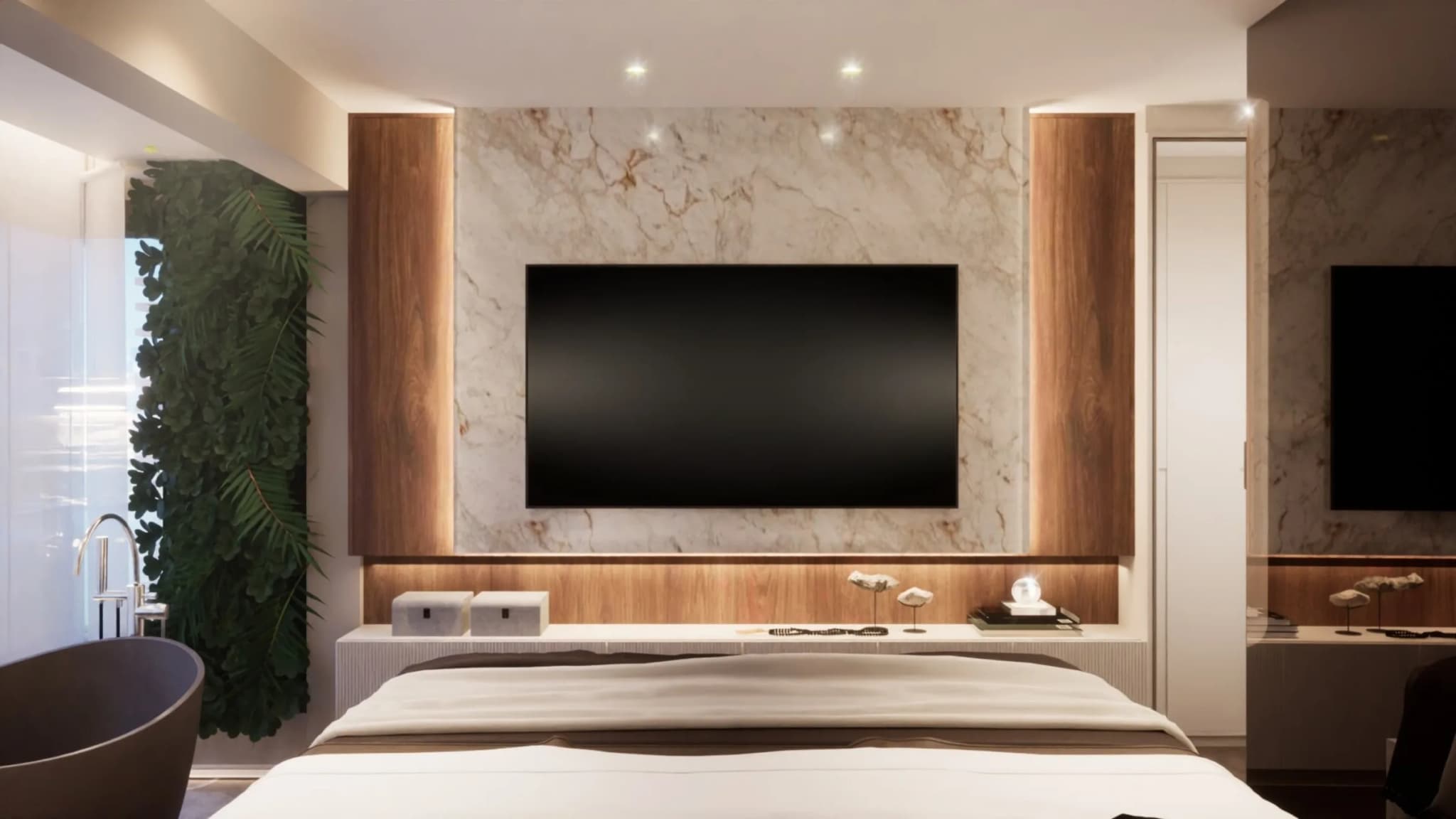 Dormitório do Apê Refúgio com painel de pedra clara e TV, marcenaria de madeira iluminada e jardim vertical ao lado