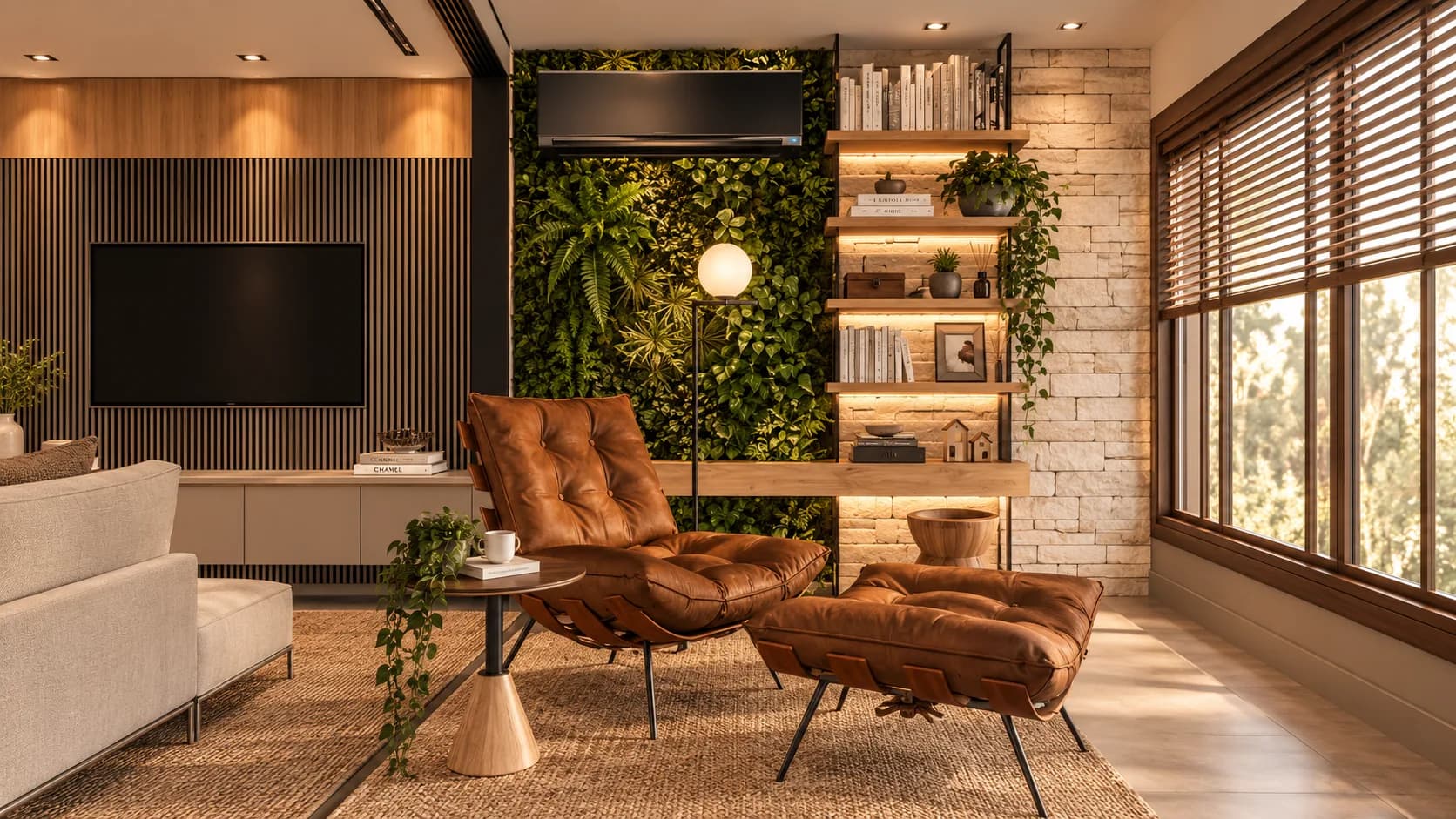 Sala com painel ripado de TV, jardim vertical e poltrona de couro caramelo com pufe