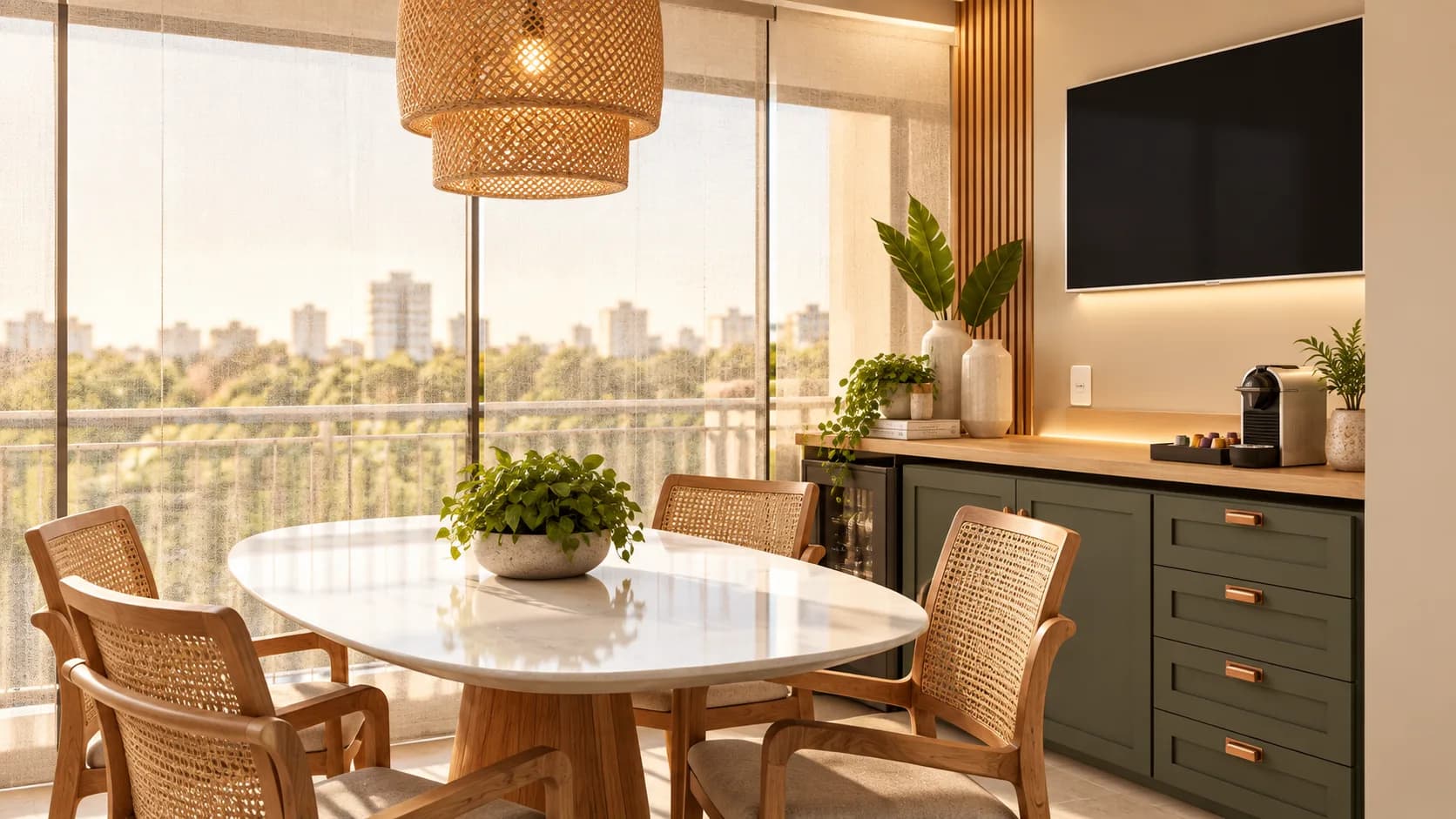 Varanda gourmet com mesa redonda, cadeiras de palhinha e vista para o verde