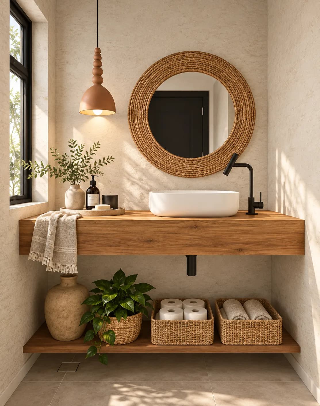 Lavabo com bancada suspensa de madeira, cuba branca, espelho redondo de fibra natural e cestos de palha
