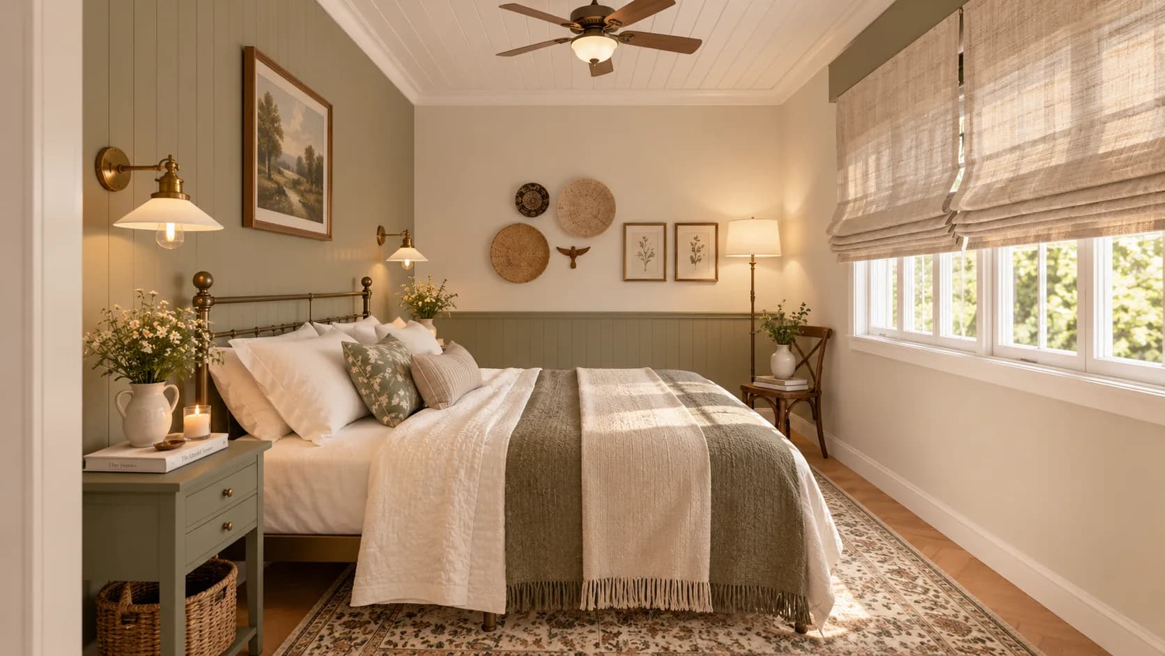Quarto com cama de ferro, parede verde e arandelas de metal
