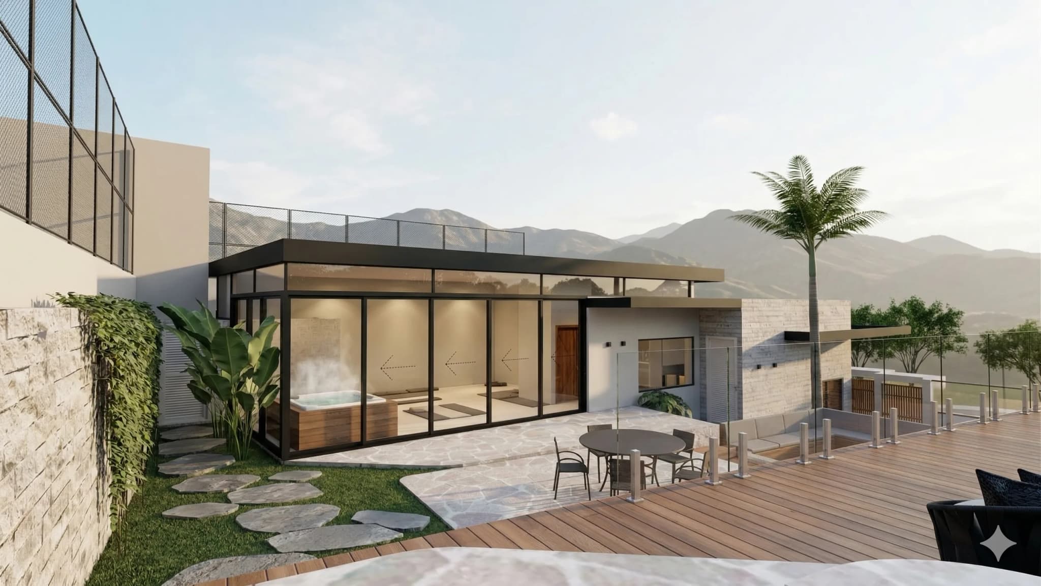 Fachada envidraçada com jardim e deck, com as montanhas ao fundo