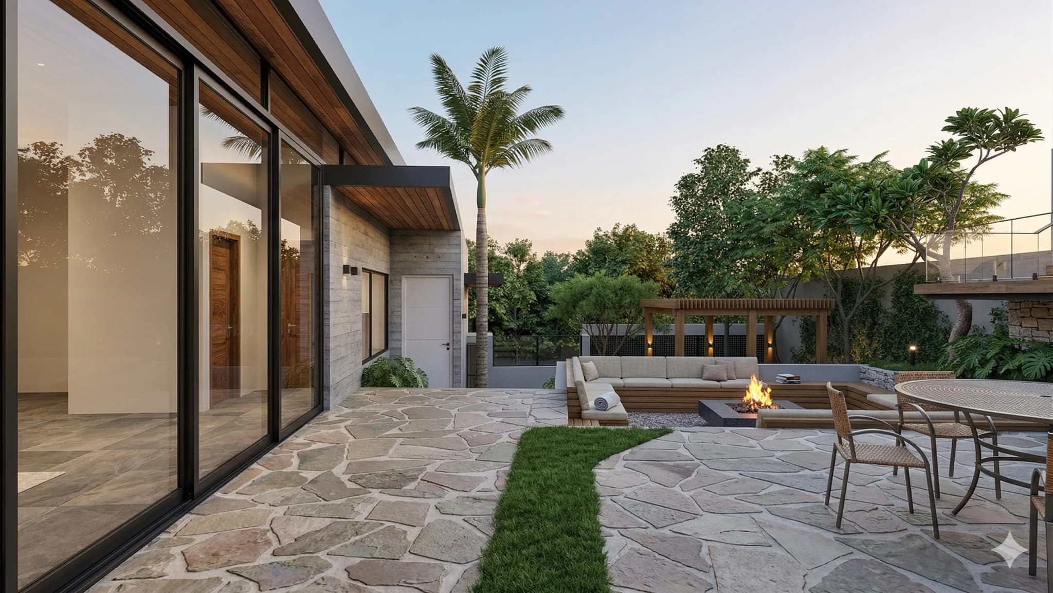 Jardim com fogueira e mesa de jantar externa ao entardecer