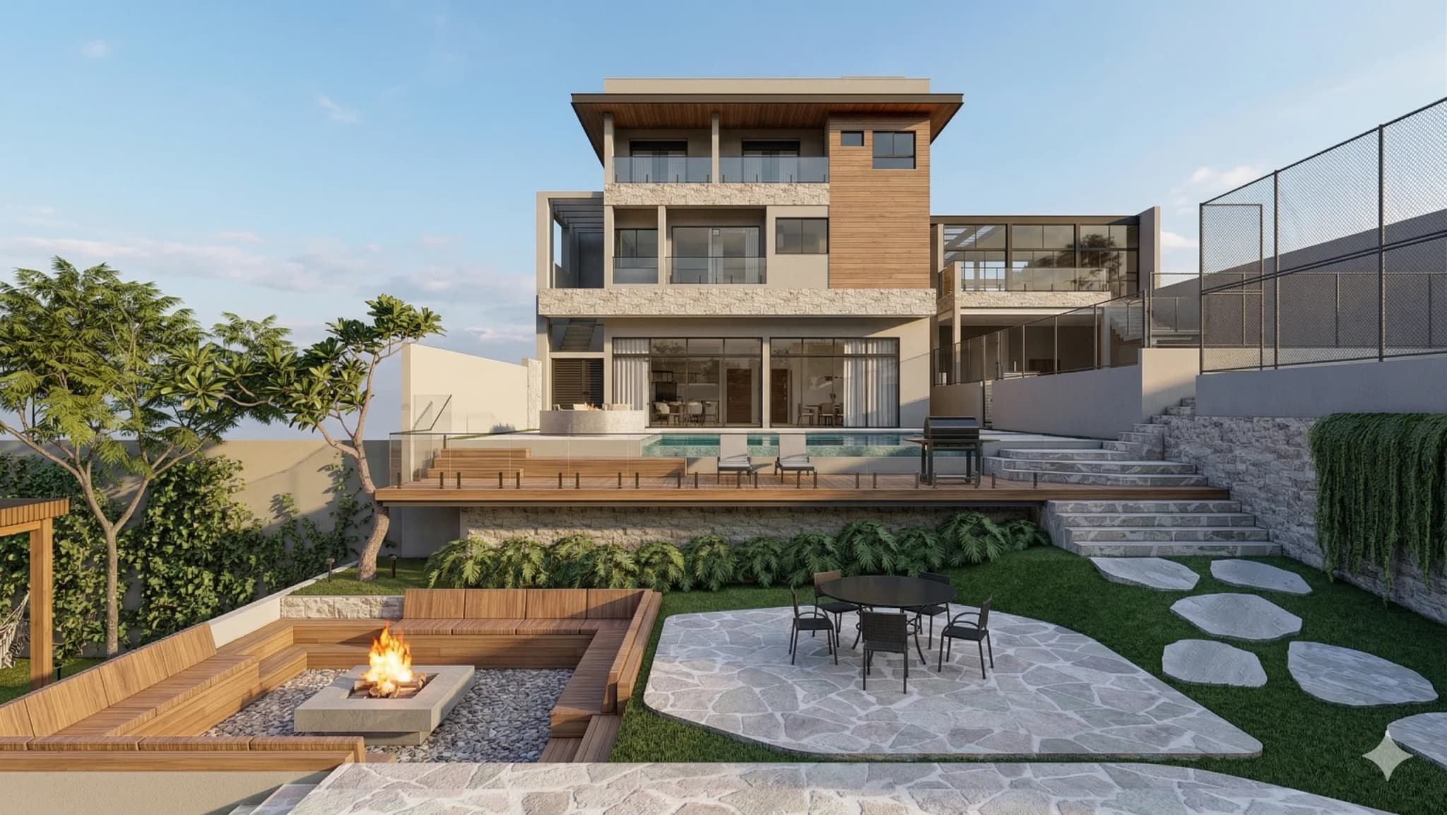 Vista ampla da casa em dois pavimentos, com piscina e área externa em desnível