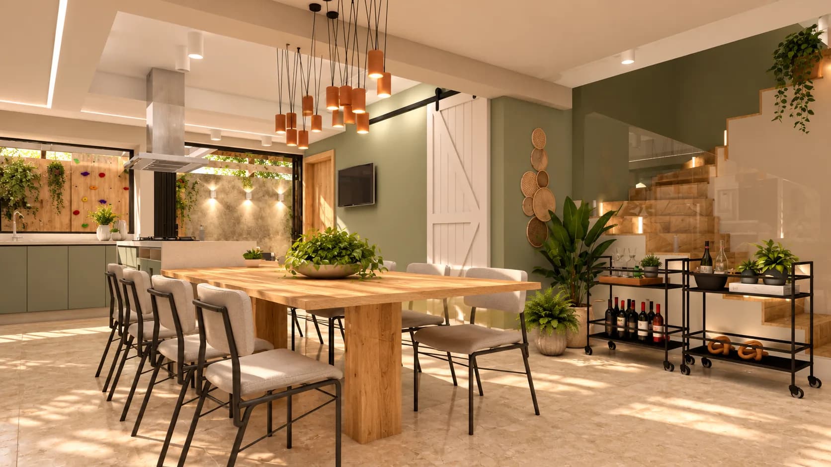 Mesa de jantar de madeira com pendentes de cobre, carrinho de bar e escada ao fundo