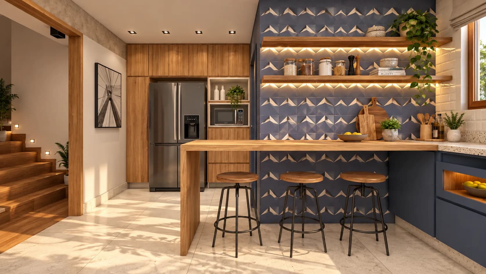 Cozinha com azulejo azul geométrico, bancada de madeira e escada ao lado