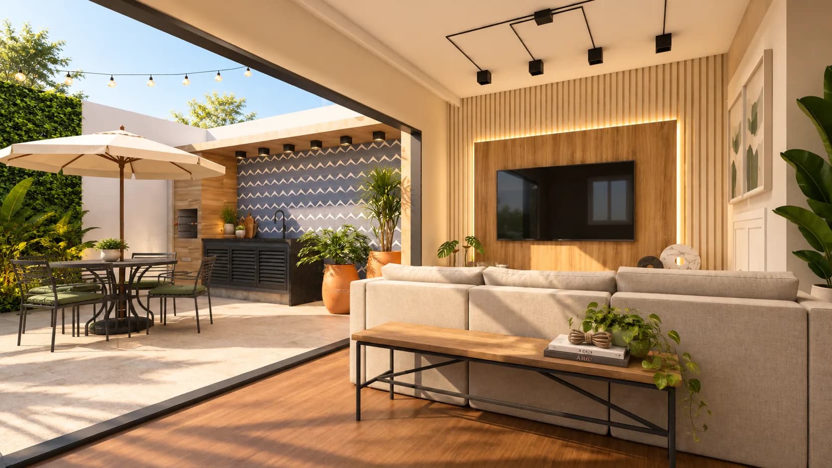 Sala de estar com painel ripado de TV, aberta para o quintal com pergolado