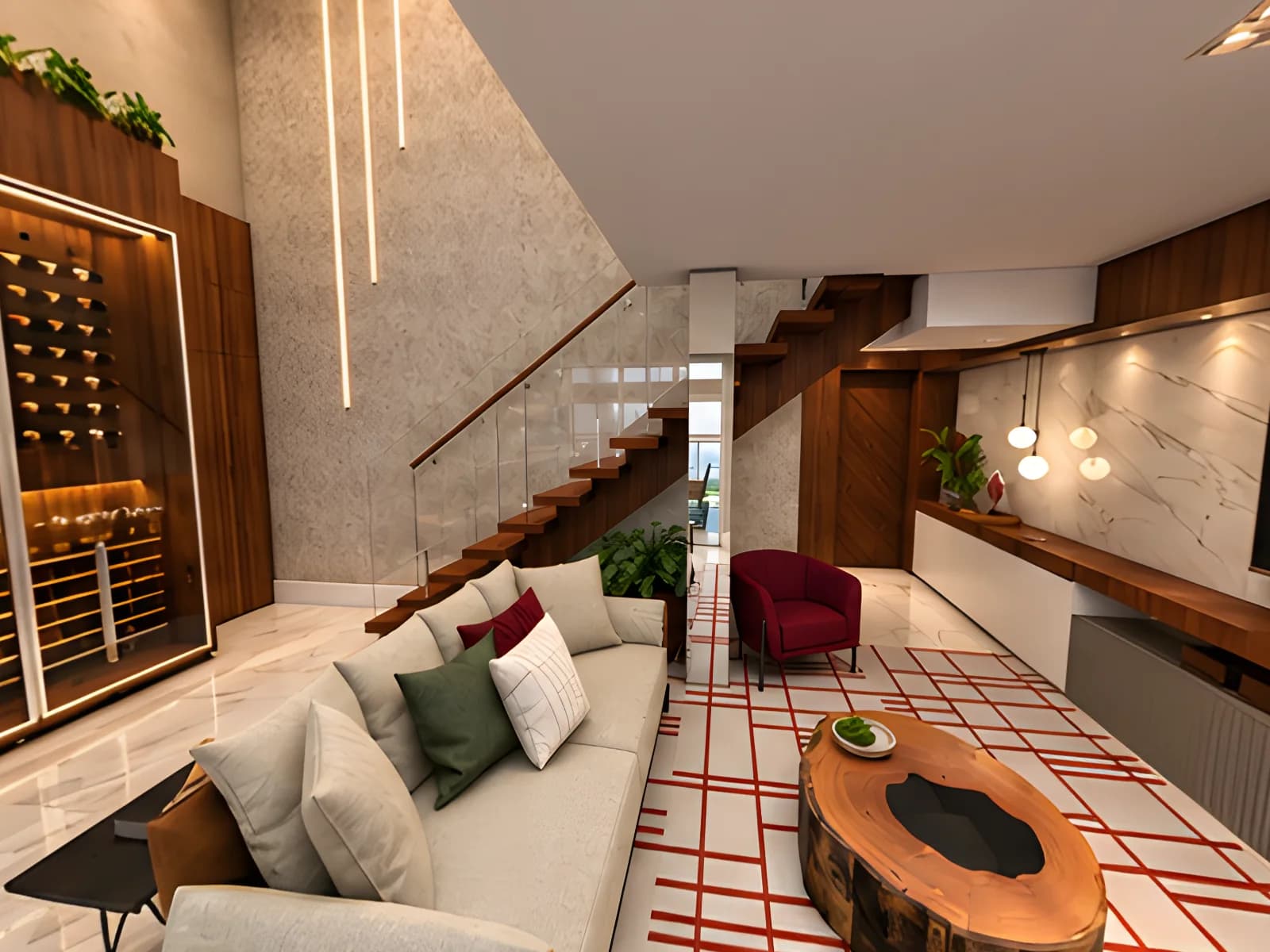 Living de um projeto da Studio Side: sofá claro, poltrona vinho, mesa de centro em tronco de madeira e escada de madeira ao fundo